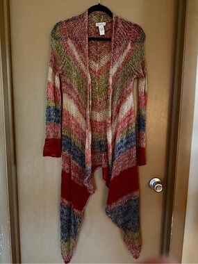 Lucky Brand Multicolor Open Knit Draped Cardigan with Red Accents